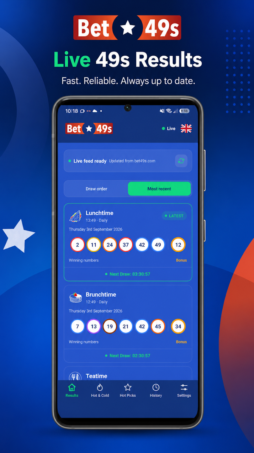 Bet49s app showing the latest 49s results
